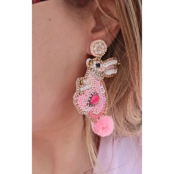 NWT hand beaded pink beaded Easter bunny earrings - Picture 2 of 6